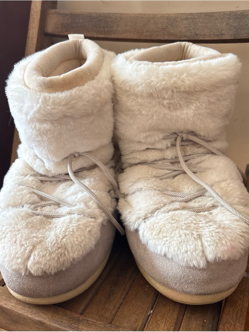 Steve Madden Plush Cream Faux-Fur Lace-Up Women's Slipper Boots- Moon boot style